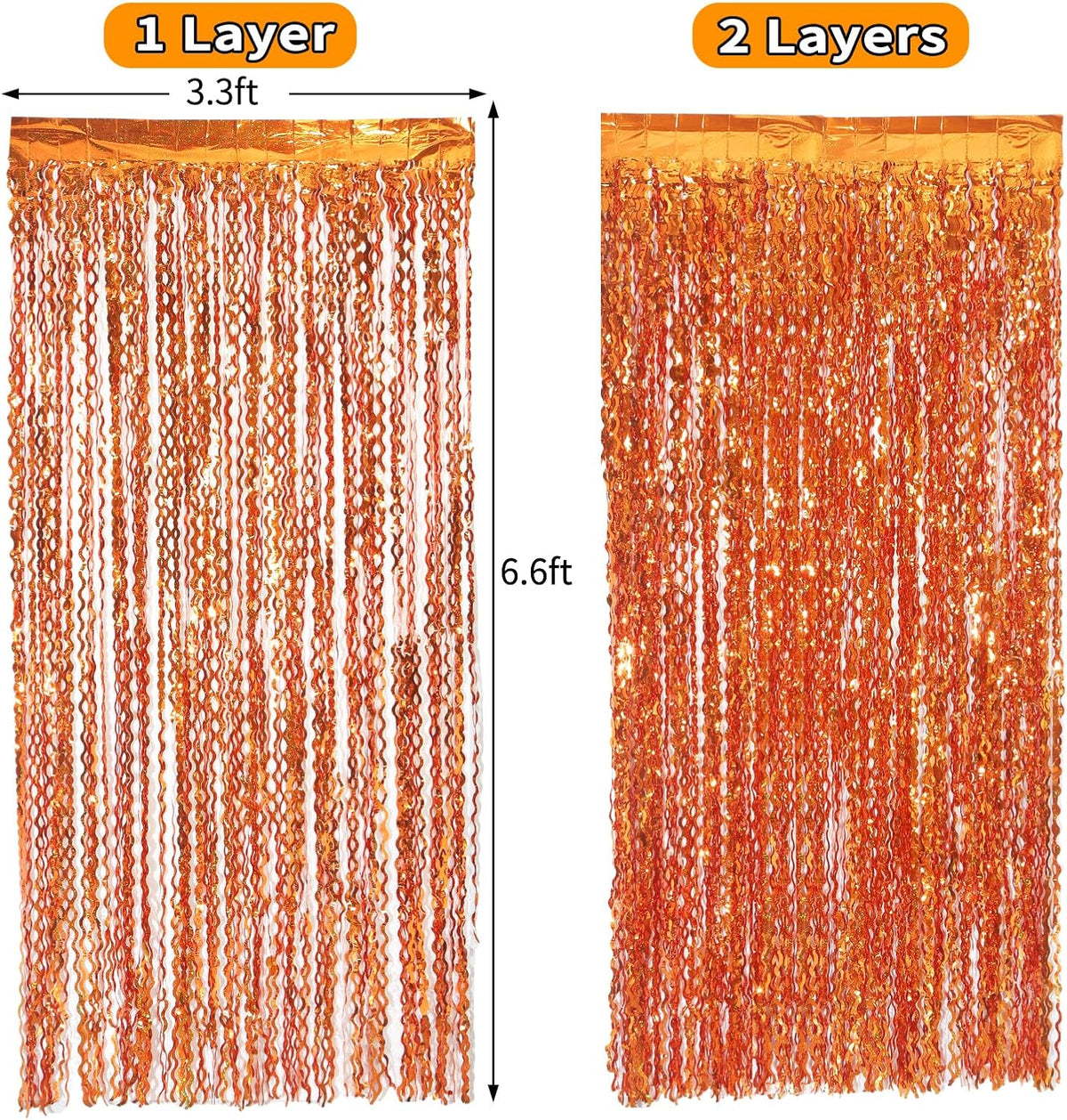 4 Pack Orange Wavy Metallic Tinsel Foil Fringe Curtains | 3.3 ft x 6.6 ft Party Streamer Backdrop