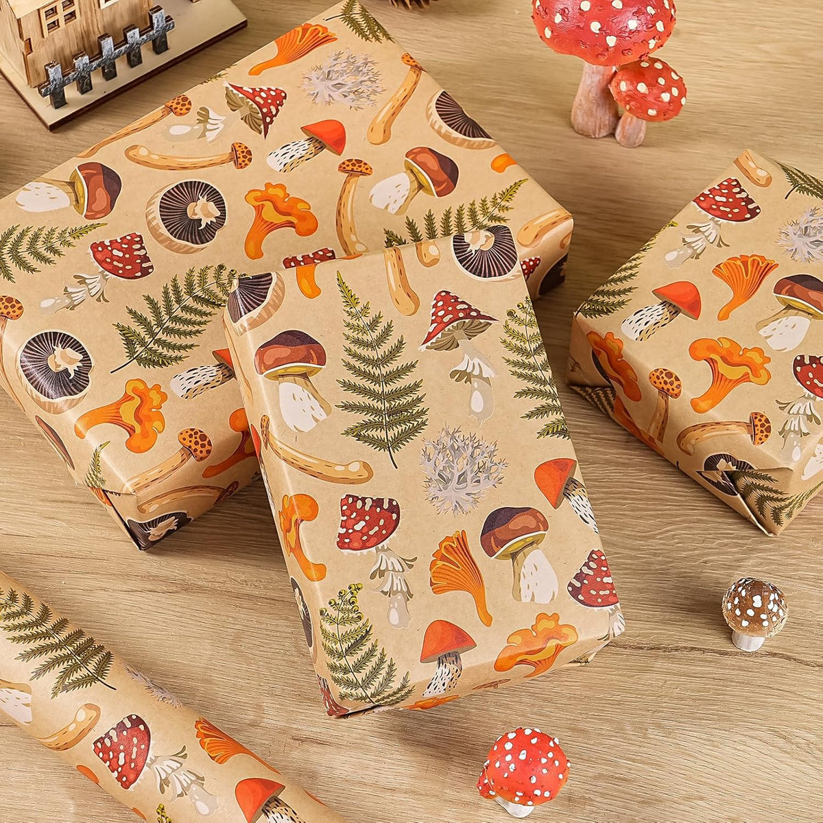 WRAPAHOLIC Kraft Mushroom Wrapping Paper Roll - Mini Roll - 17 Inch x 16.5 Feet - Mushroom Gift