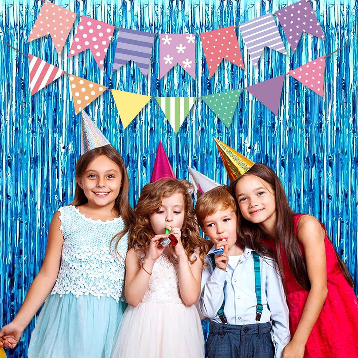 6 Pack Lake Blue Foil Fringe Curtains Backdrop, 3.28 x 8.2 Ft Metallic Streamers Tinsel Curtains