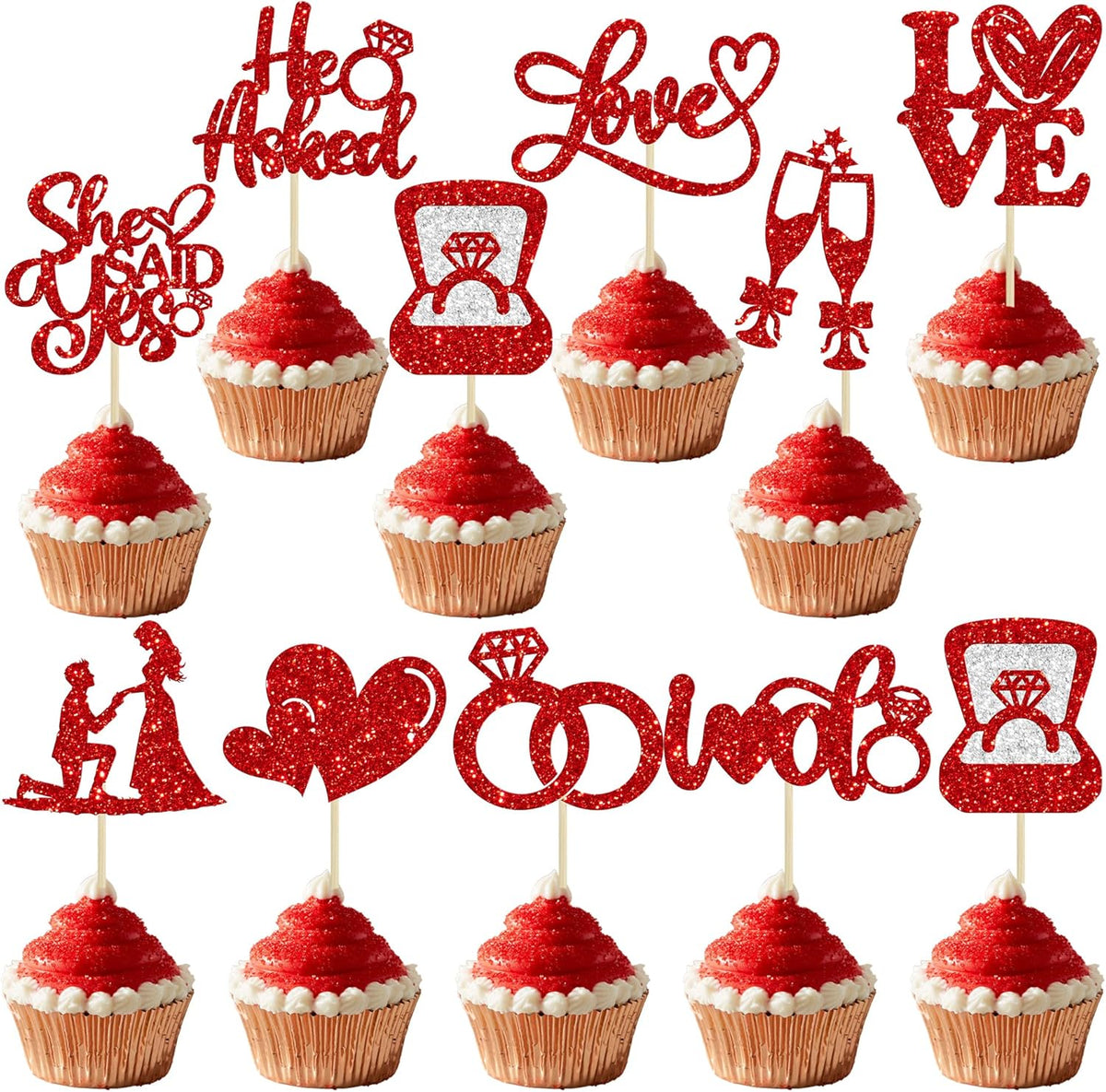 Ephlyn 30Pcs He Asked She Said Yes Cupcake Toppers Glitter Engagement Cupcake Toppers Diamond Ring