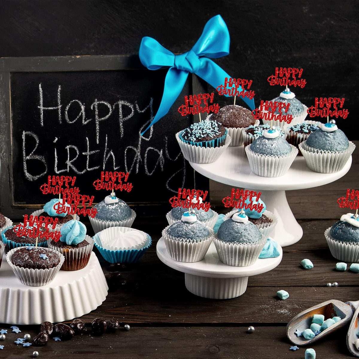 Gyufise 24pcs Happy Birthday Cupcake Toppers - Glitter Cupcake Food Picks for Celebrating Theme