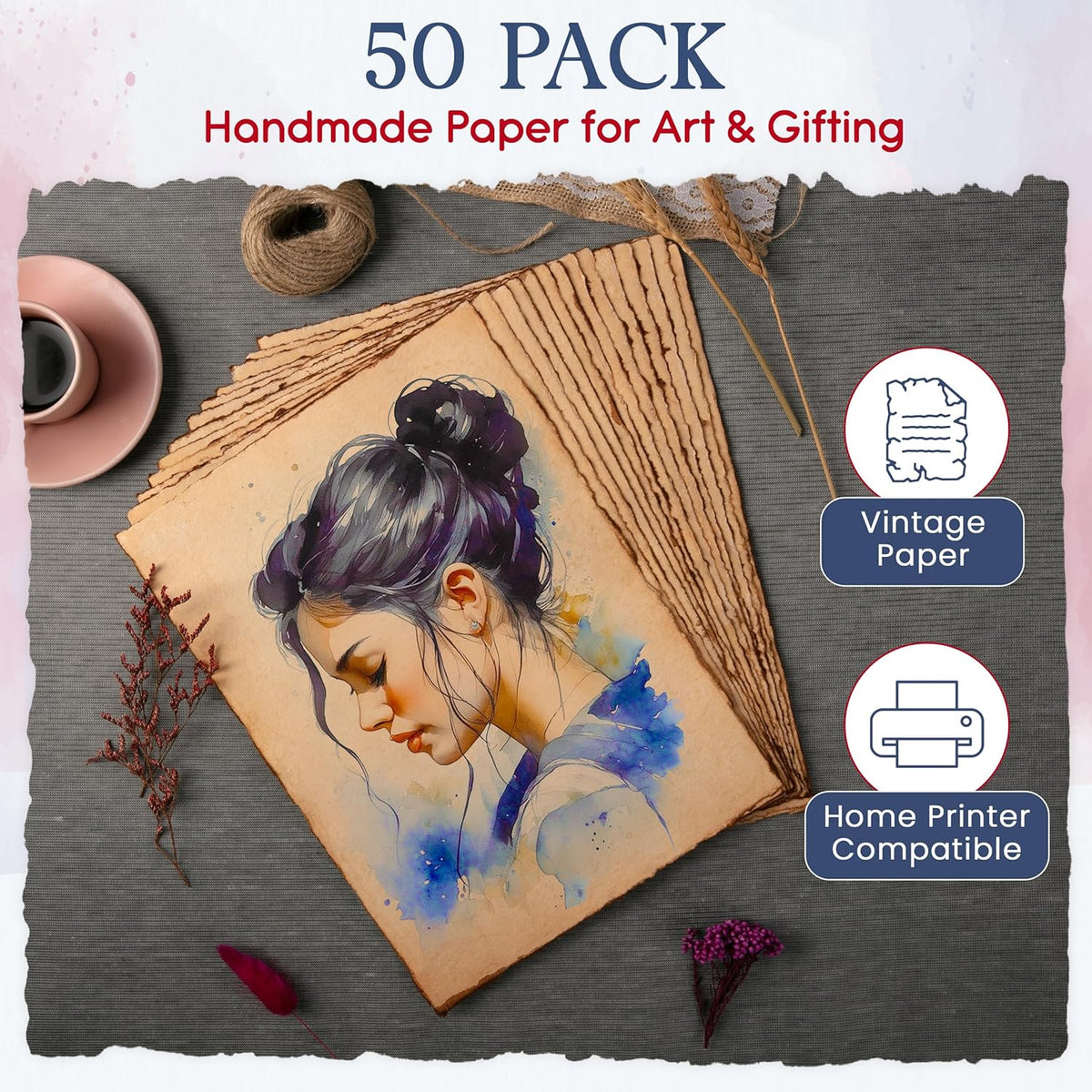 Wanderings Handmade Antique Deckle Edge Blank Paper - 8.25 x 11.7 - A4 Size Package of 50