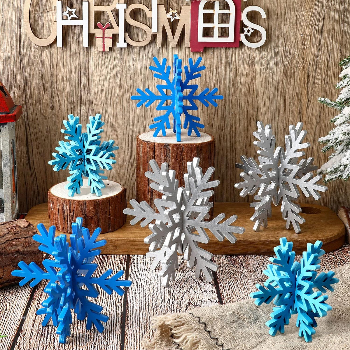 Bucherry 12 Pcs Wooden Snowflake Table Decor 3D Snowflake Tabletop Signs and Centerpiece for