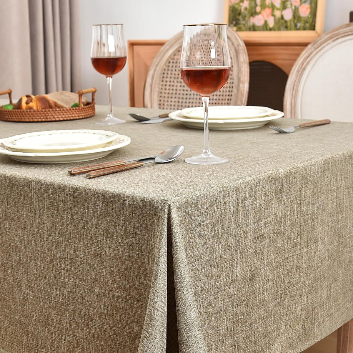 Fitable Faux Linen Table Clothes 60 x 84 Inch - 2 Pack Khaki Tablecloths for Rectangle Tables, Faux