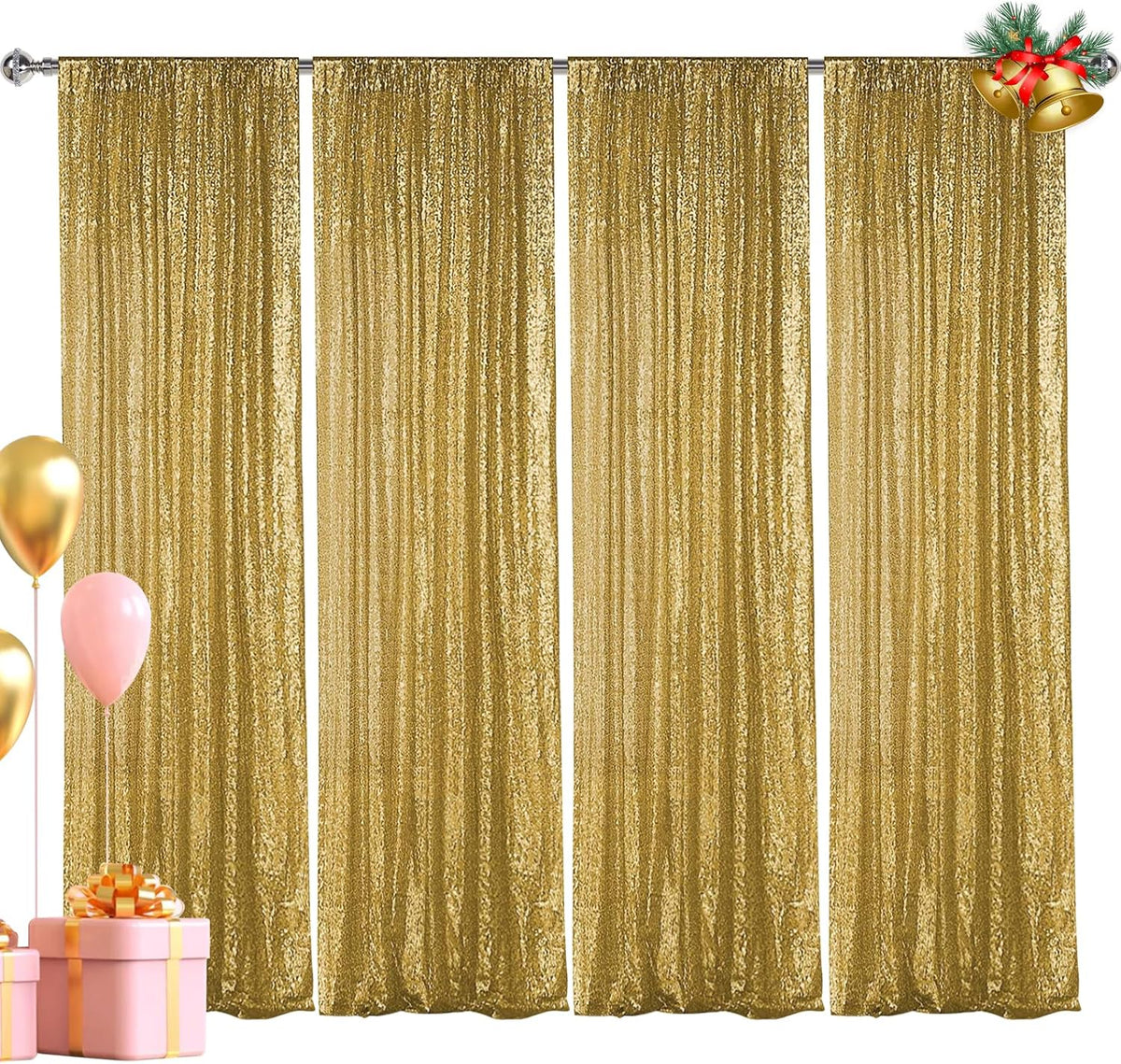 Hahuho Gold Sequin Backdrop Curtain, 4PCS 2FTx8FT Glitter Backdrop Curtain for Parties, Christmas