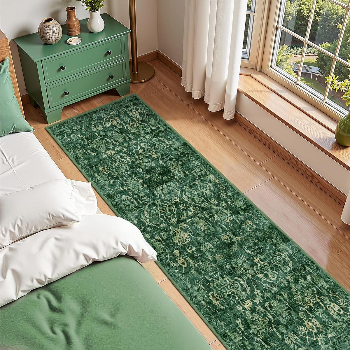 Dark Green 3x12 Runner Rug for Hallways Bed Side Kitchen, Boho Washable Distressed Low-Pile Floor