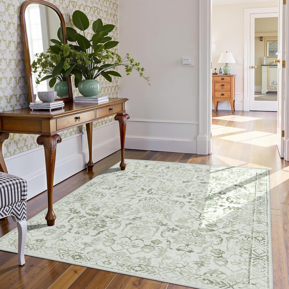 Sage Vintage Area Rug 4x6 for Living Room Bedroom, Washable Distressed Farmhouse Soft Thin