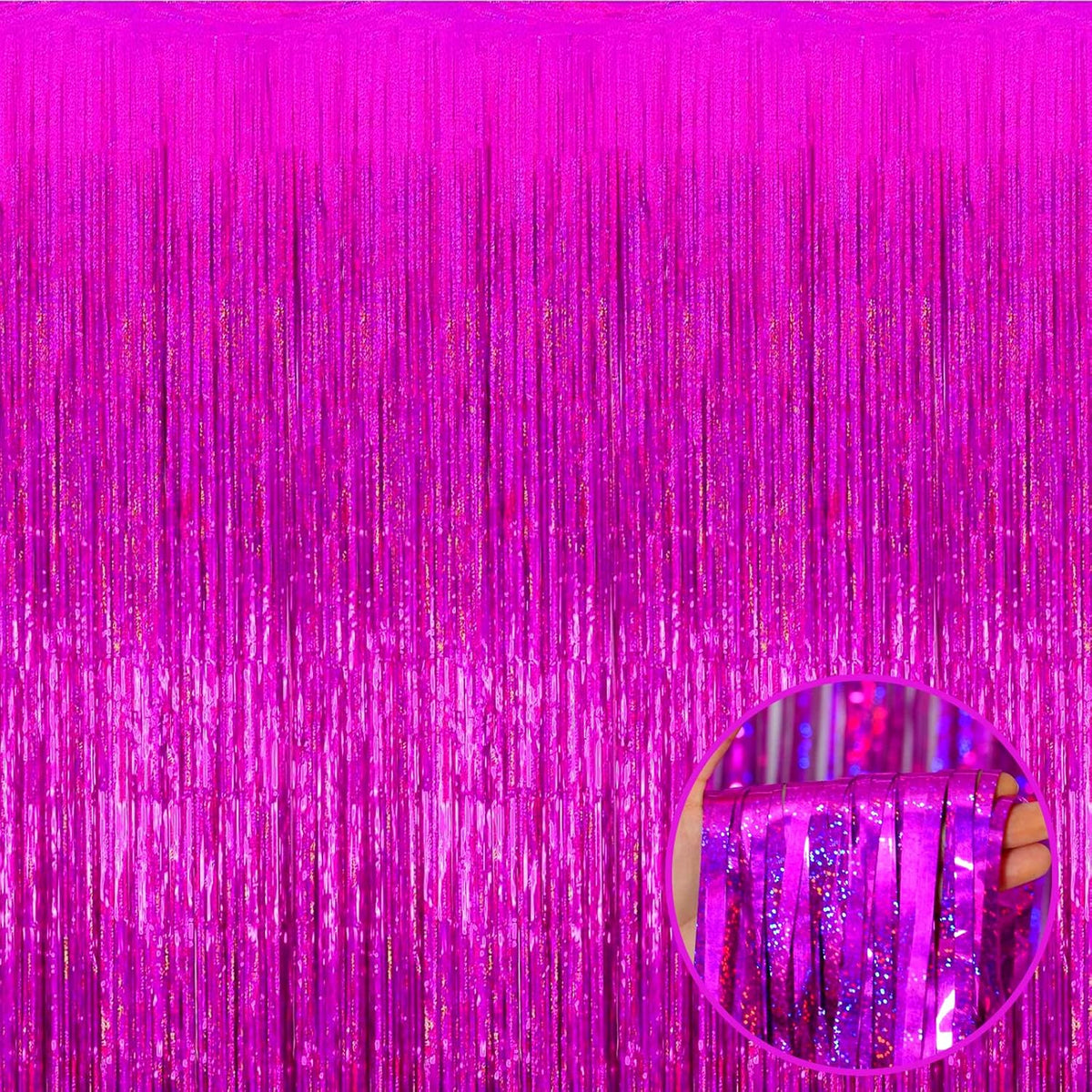 4 Pack Fuchsia Tinsel Foil Fringe Curtain Backdrop, 3.28Ft x 8.2Ft Metallic Streamers for Photo
