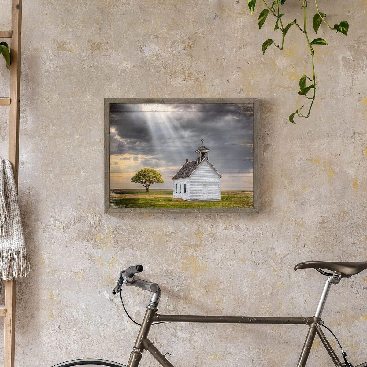 Beautiful Scene Wooden Art Framed: Little House under the Sun Wood Artwork Painting with Framed for