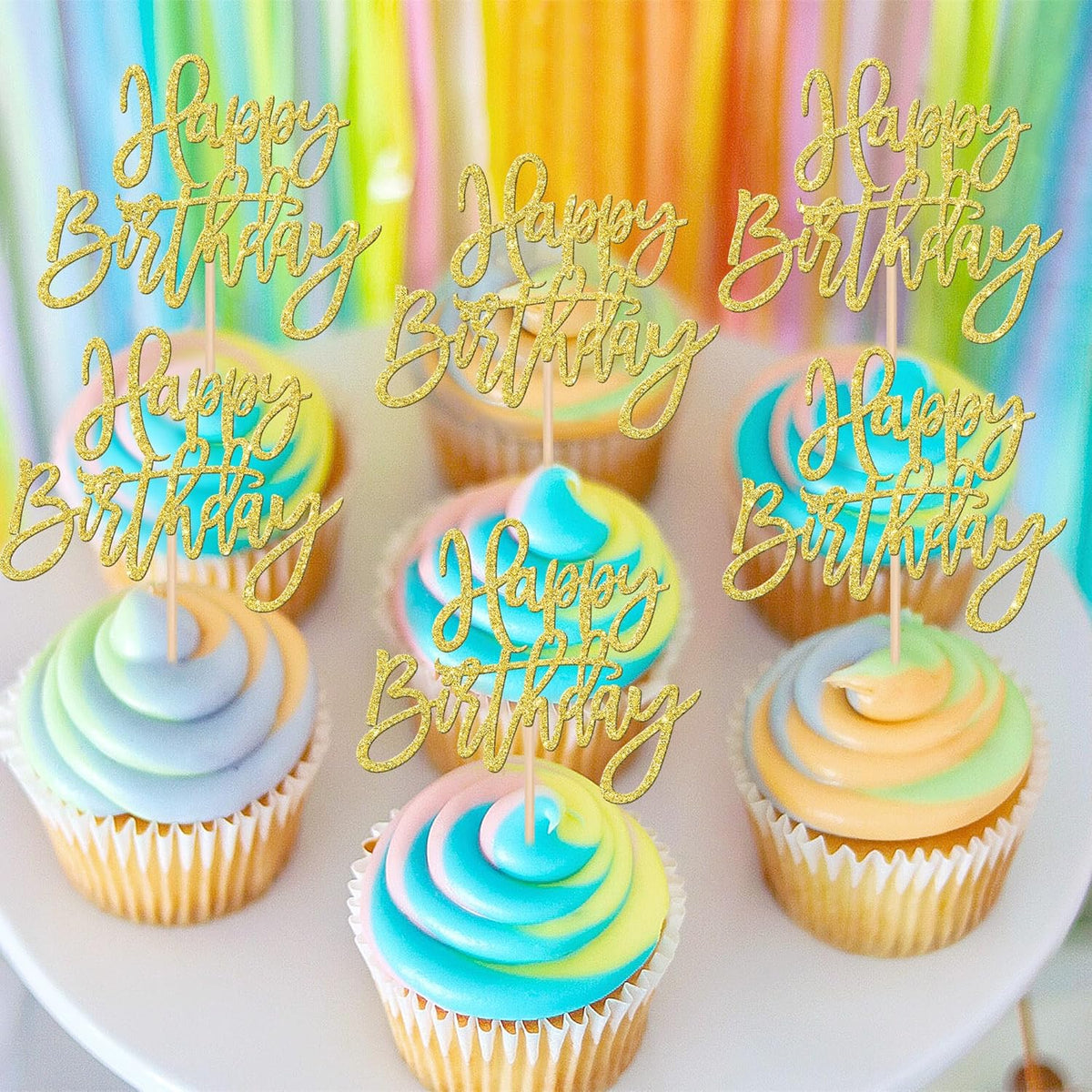 24 PCS Happy Birthday Cupcake Toppers Glitter Picks for Celebrating Anniversary Theme Party Cake