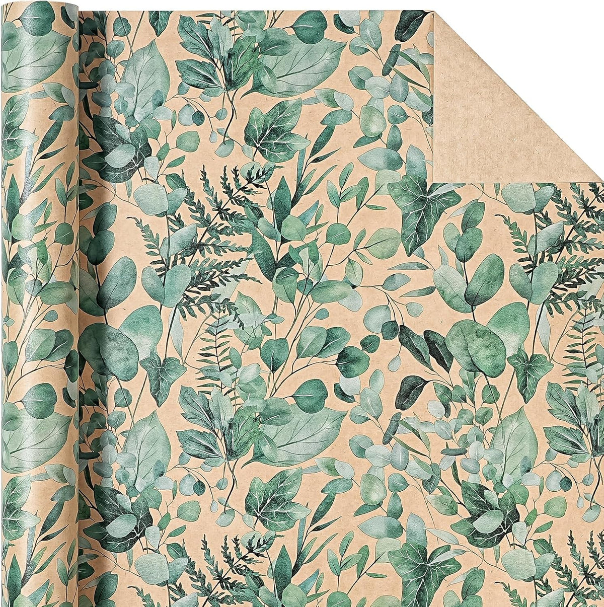 WRAPAHOLIC Kraft Eucalyptus Leaves Wrapping Paper Roll - Mini Roll - 17 Inch x 16.5 Feet - Greenery