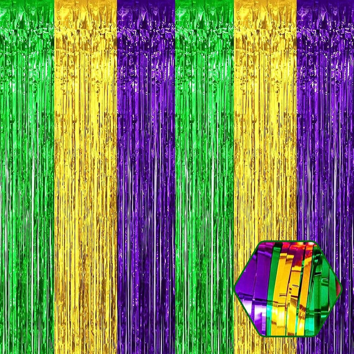 3 Pack Gold Green Purple Foil Fringe Curtain Backdrop, 3.28Ft x 8.2Ft Metallic Tinsel Foil Fringe
