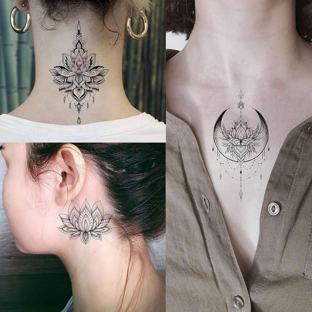 15 Sheets Sexy Black Lotus Temporary Tattoos For Women Wedding Brides, Tribal Fake Jewelry Pendant