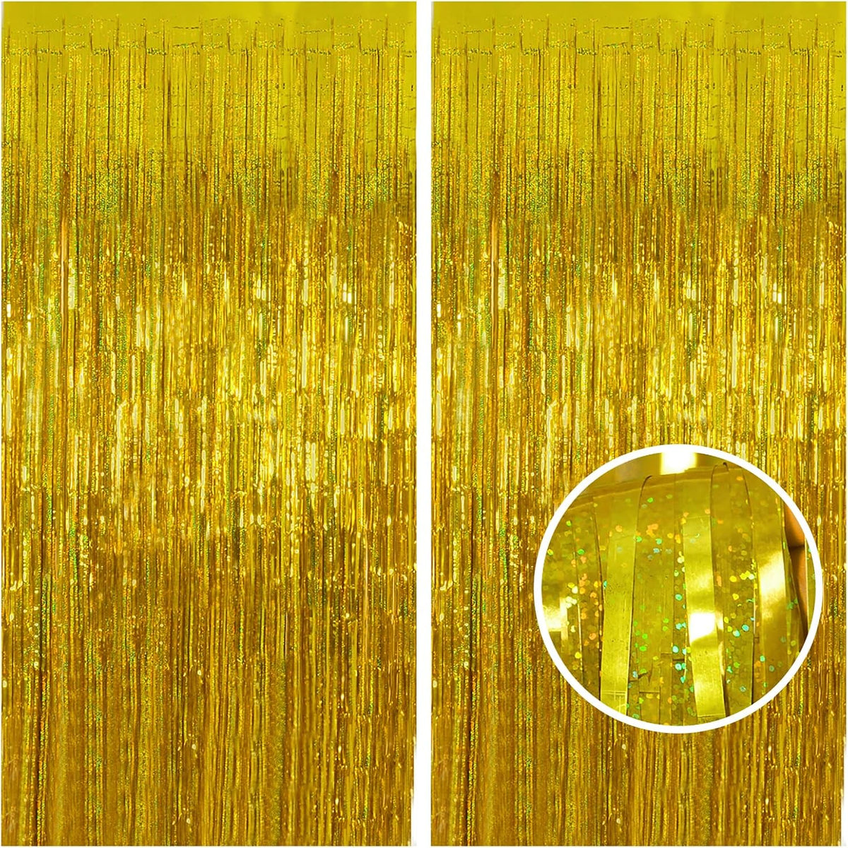 Melsan Gold Foil Curtain, 2 Pack 3.2 ft x 8.2 ft Tinsel Foil Fringe Curtains Backdrop, Sparkle