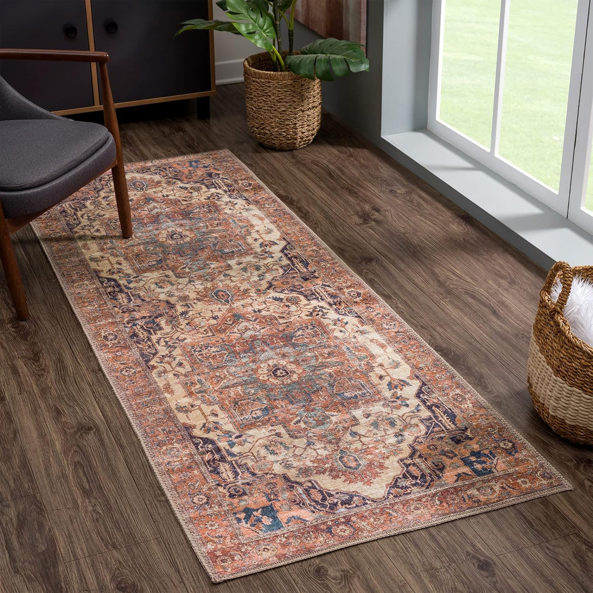 Bloom Rugs Washable 7 ft Runner - Beige/Terracotta Traditional Runner for Entryway, Hallway