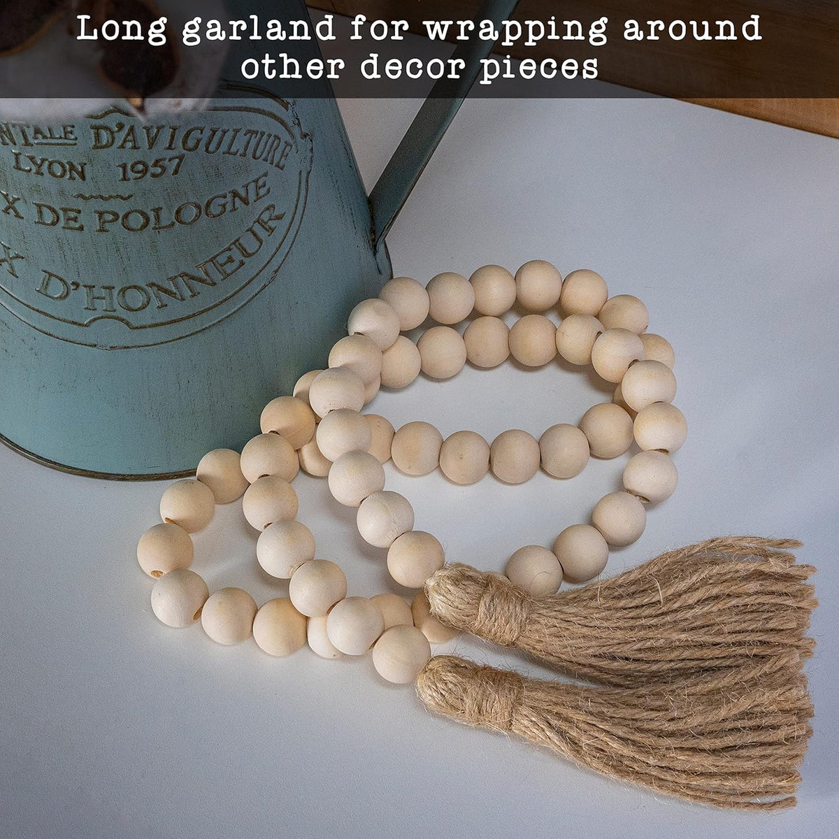 Decorative Wood Bead Garland Home Decor, Farmhouse Garland Beads with Tassel, Wooden Tier Tray