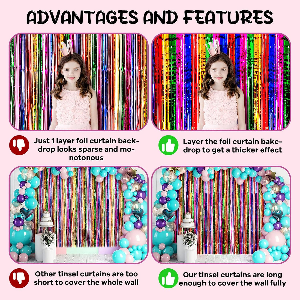 4 Pack 3.3x8.2 Feet Rainbow Foil Fringe Backdrop Curtains, Tinsel Streamers Birthday Party