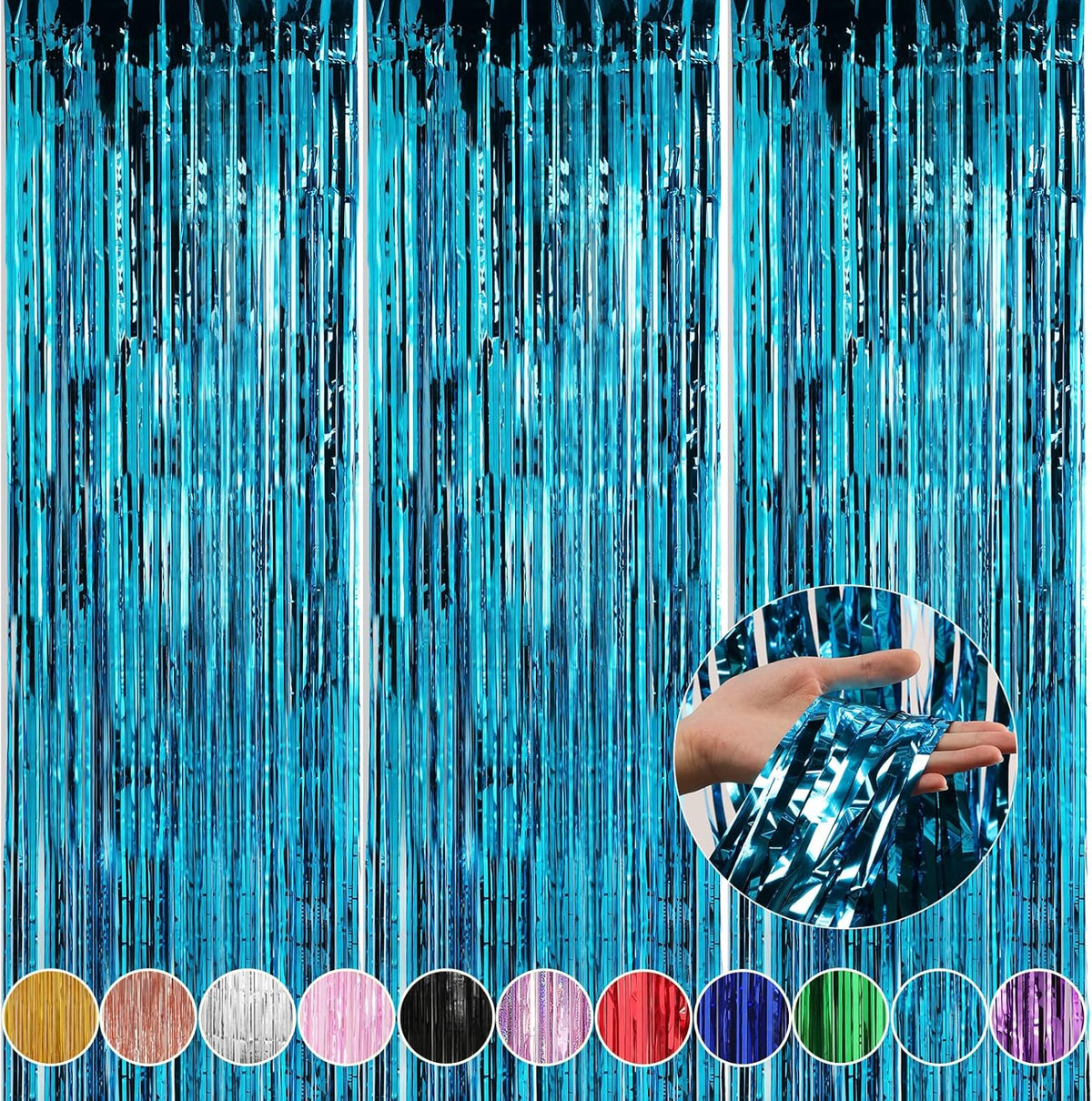 Crosize 3 Pack 3.3 x 9.9 ft Blue Foil Fringe Backdrop Curtain, Streamer Backdrop Curtains