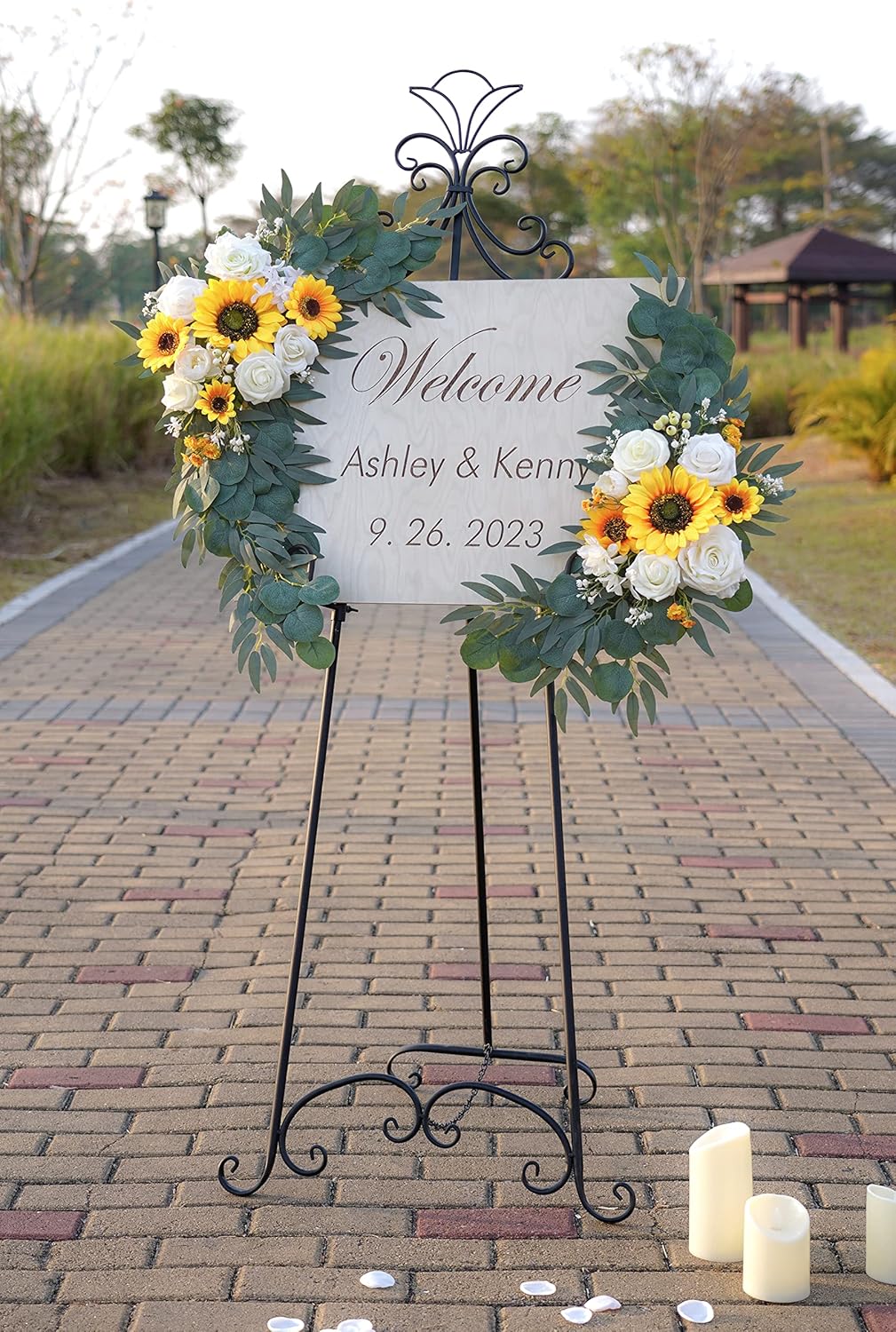 Ponatia Artificial Wedding Arch - Flowers (Pack of 2), White & Sunflowers for Wedding Welcome Signs