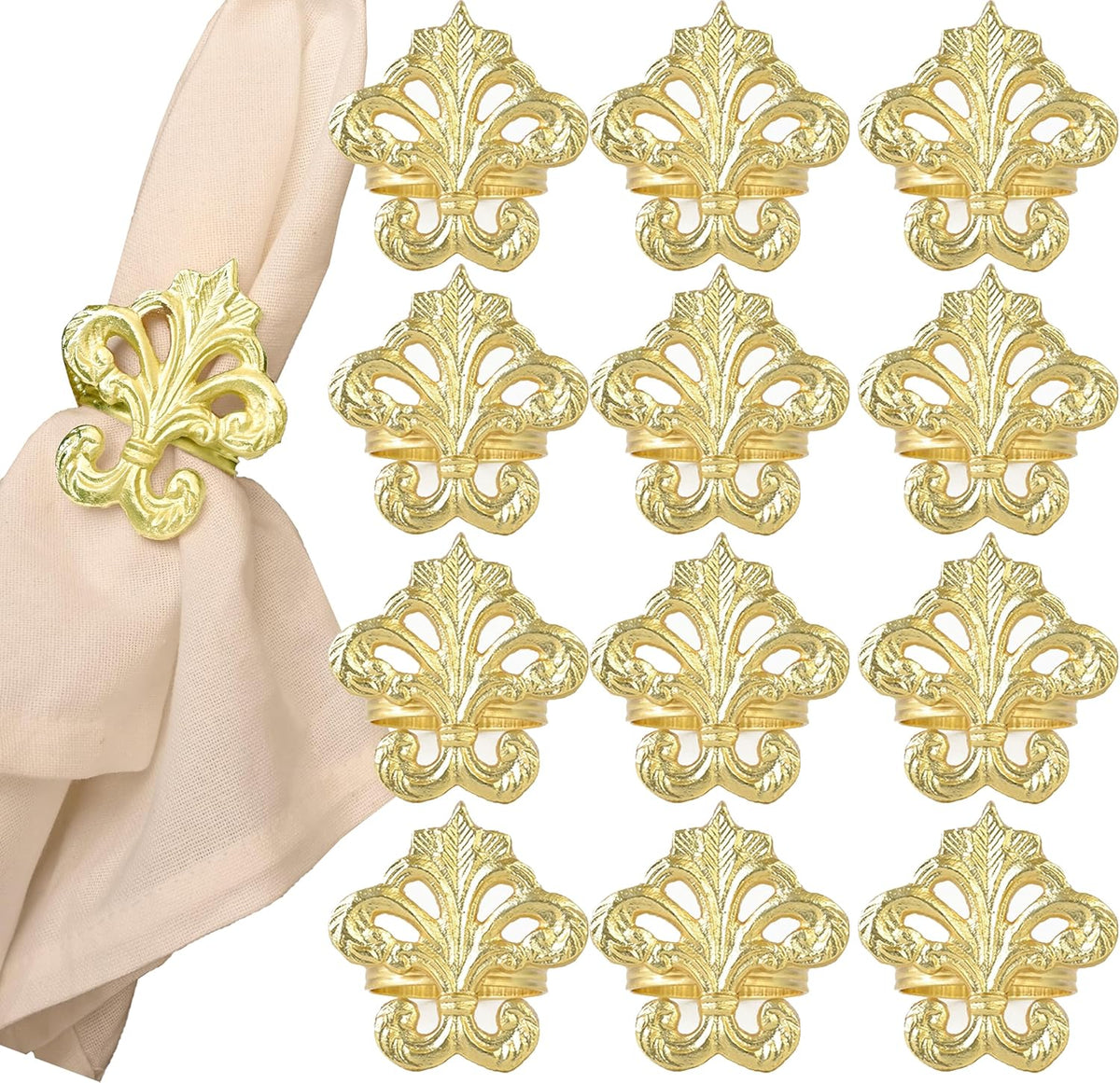 Lightweight Metal Napkin Rings Set of 12 - Fleur-de-Lis Napkin Holders for Dining Table, Weddings