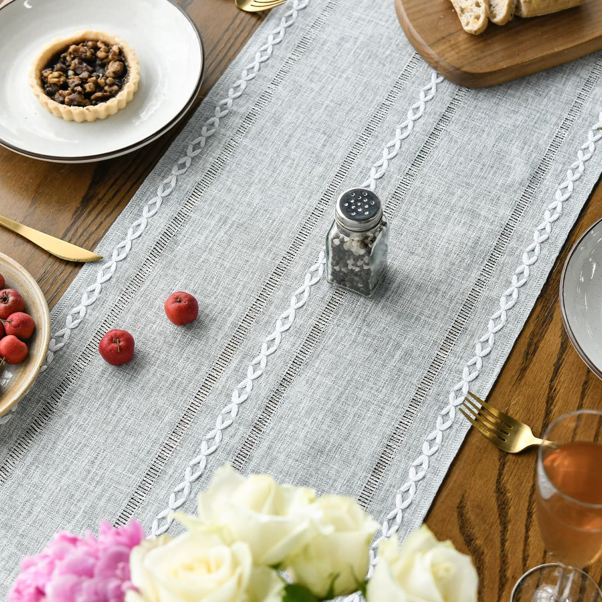 Artoid Mode Grey Rustic Cotton Linen Table Runner, Seasonal Embroidered Hollow Kitchen Dining Table