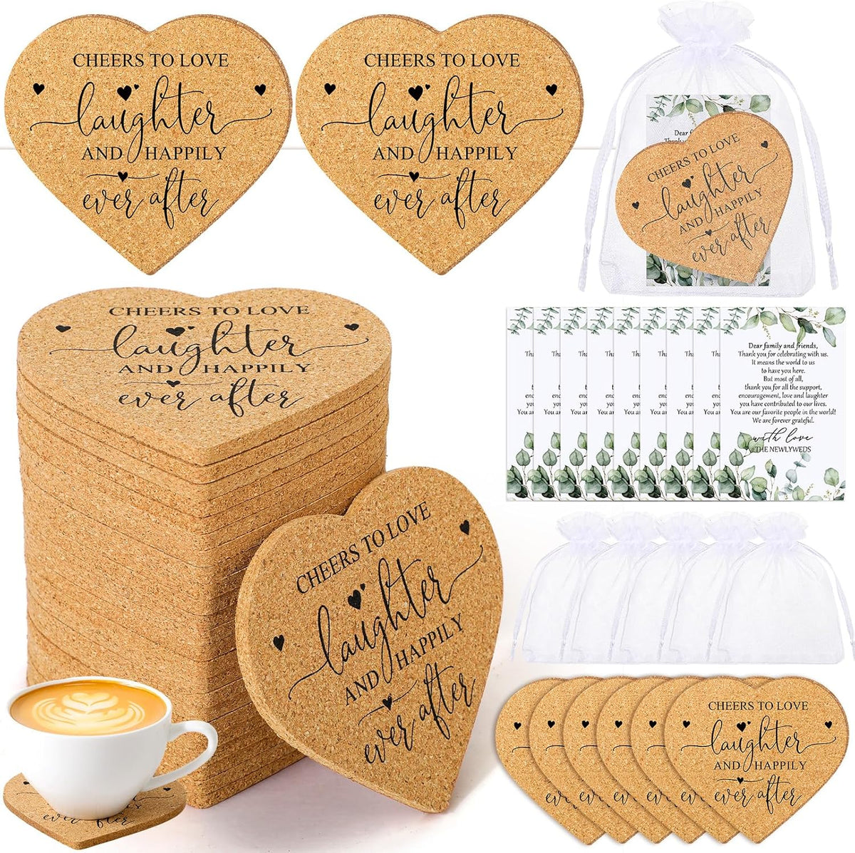 Uiifan 25 Set Wedding Favors for Guest Coaster Gifts Bulk Heart Shaped Coasters Thank You Cards