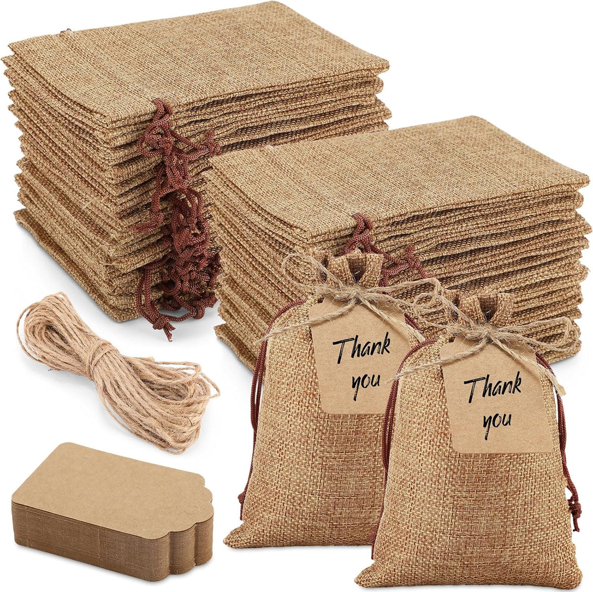 Woanger 100 Pcs Burlap Gift Bags with 100 Pcs Kraft Paper Gift Tags with Drawstring Favor Bulk