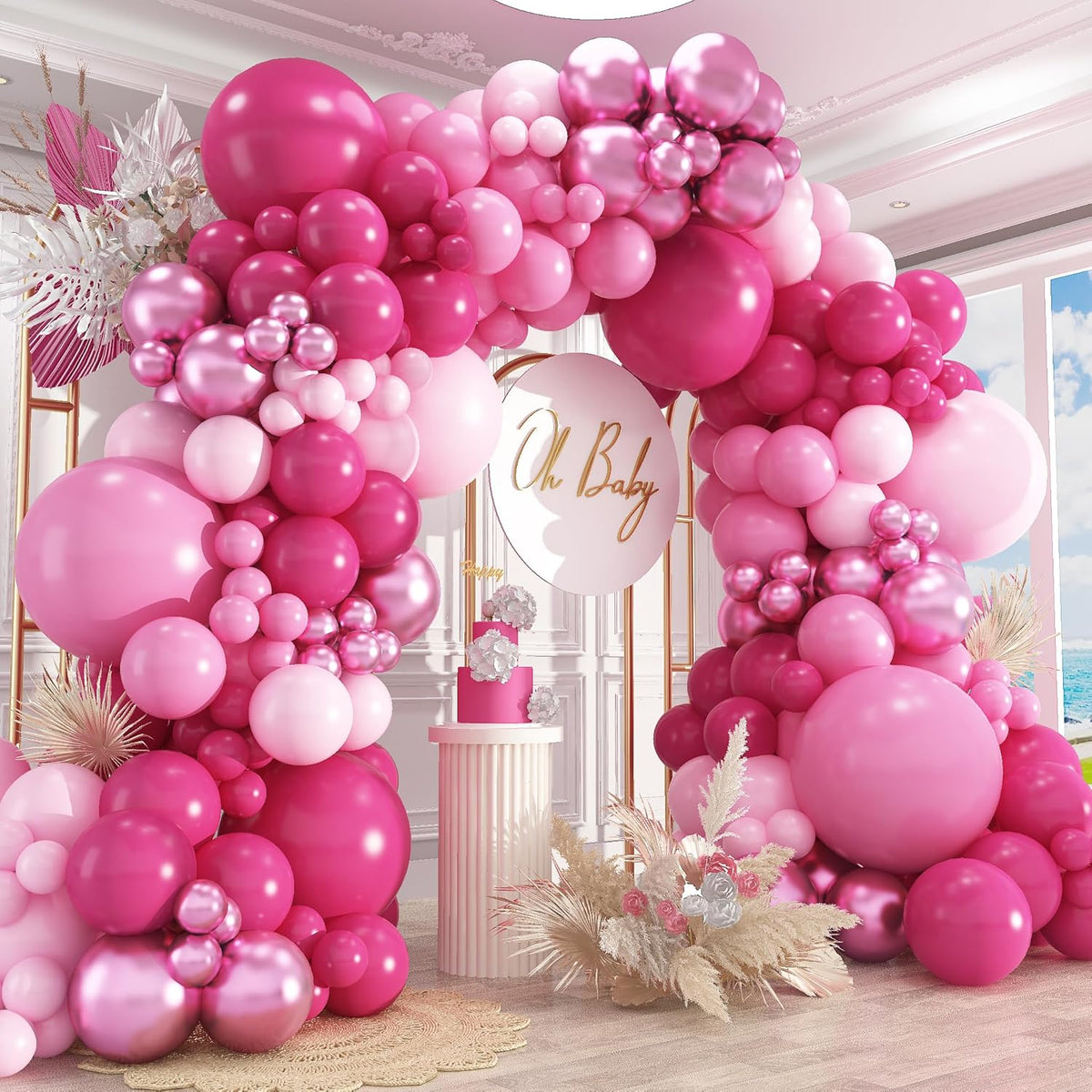 412Pcs Pink Balloon Garland Arch Kit,18 12 10 5 Inch Hot Pink Balloons Metallic Magenta Latex