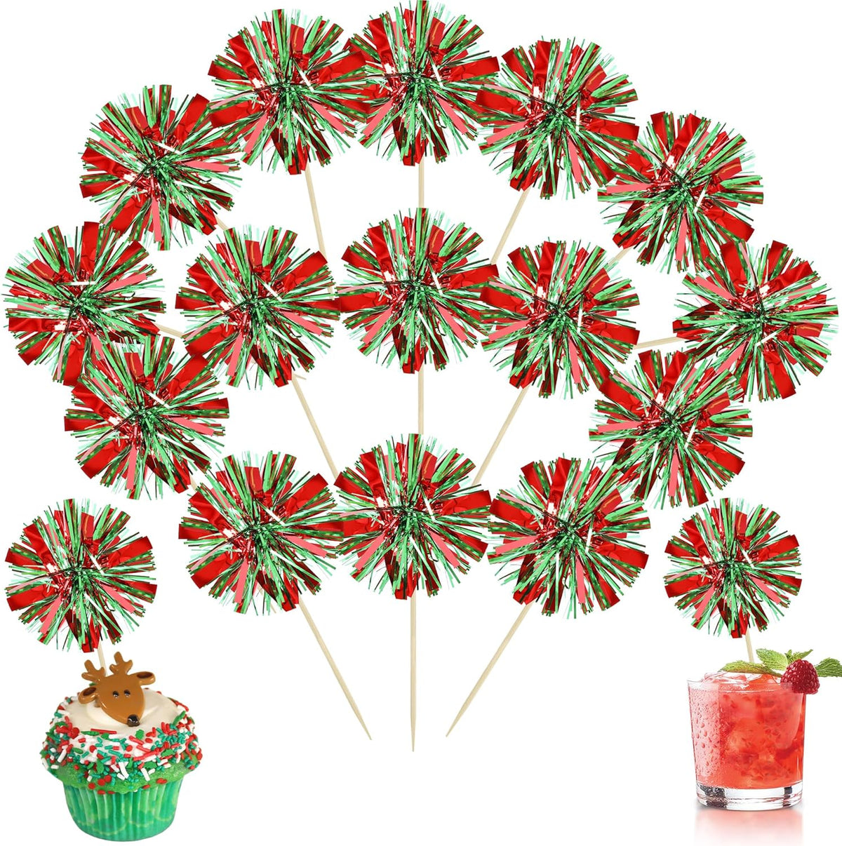 Ephlyn 30Pcs Foil Firework Cupcake Toppers Sparkle Tinsel Drink Birthday Cake Decorations Cocktail