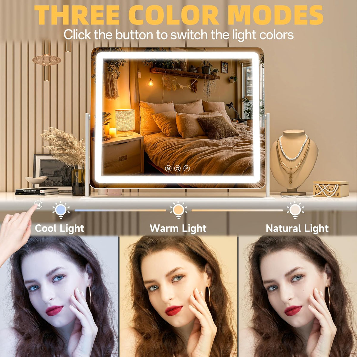 Vanity Mirror with Lights, 29.5'' x 22'' Lighted Makeup Mirror, Touch Screen with 3-Color Lighting