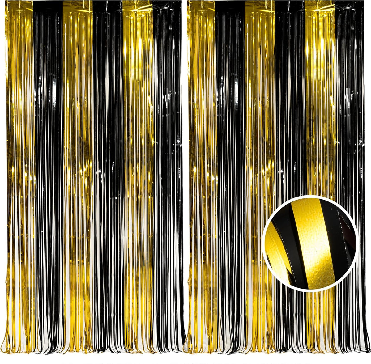 BRAVESHINE 3.2 x 8.2 ft Black Gold Foil Fringe Curtains - 2 Pack Metallic Photo Booth Streamers