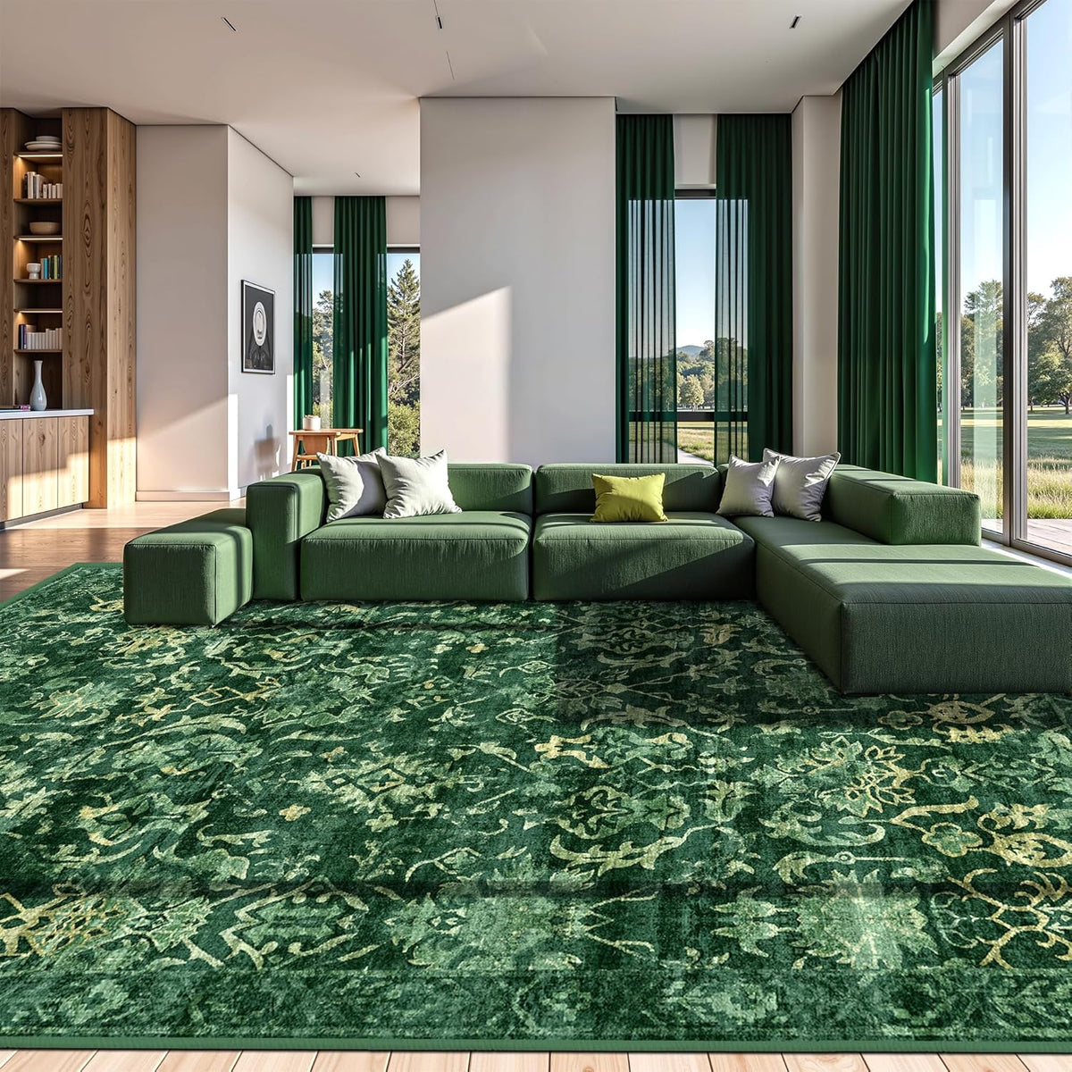 Dark Green Extra Large Area Rug 10x14 for Living Room, Distressed Washable Rug for Dining Room