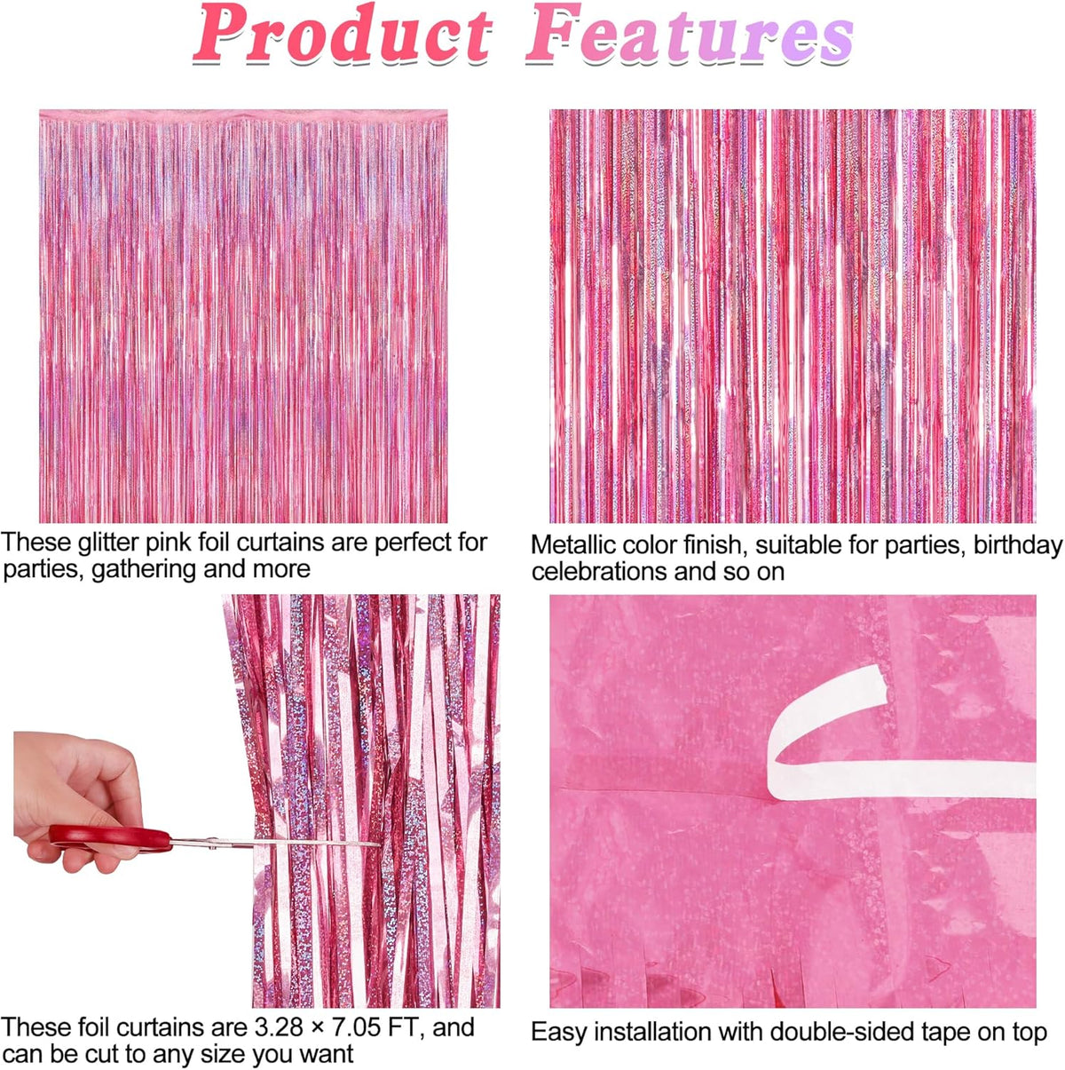 2 Pack Glitter Pink Backdrop, 3.28 FT x 7.05 FT Birthday Party Decorations, Laser Pink Fringe