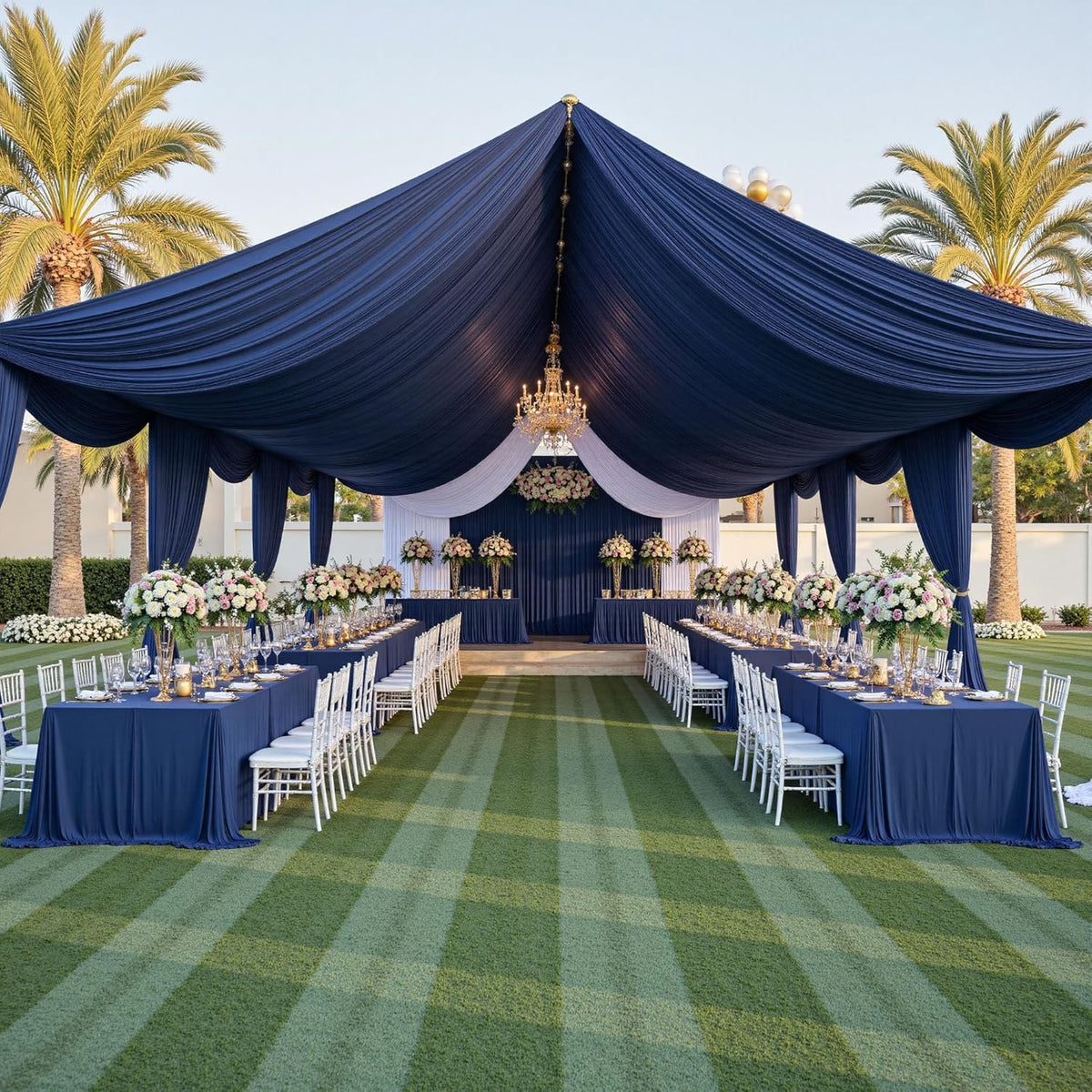 PartyVillage 50ftx40ft Navy Blue Ceiling Curtain for Wedding Parties – 10 Panels Wrinkle-Free 40 FT