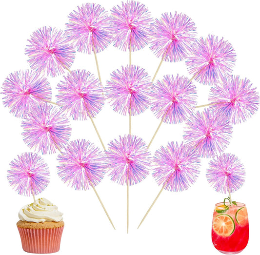 Ephlyn 30Pcs Foil Firework Cupcake Toppers Party Birthday Cake Toppers Supplies Sparkle Tinsel