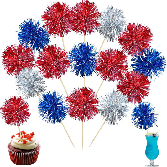 Ephlyn 30Pcs Foil Firework Cupcake Toppers Sparkle Tinsel Cupcake Picks Happy Birthday Cake Toppers