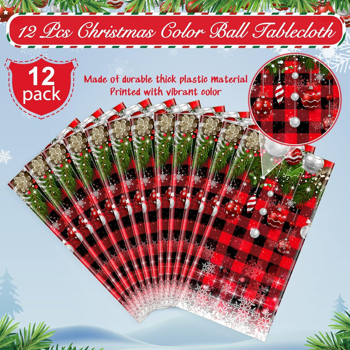 12Pcs Christmas Buffalo Plaid Snowflake Tablecloths,Plastic Red and Black Checkered Rectangle