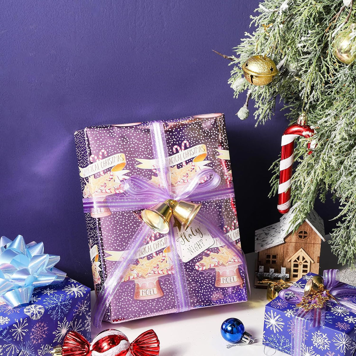 LeZakaa Christmas Purple Wrapping Paper Mini Roll, Have a Magical Christmas Cake Stand, Snowflake