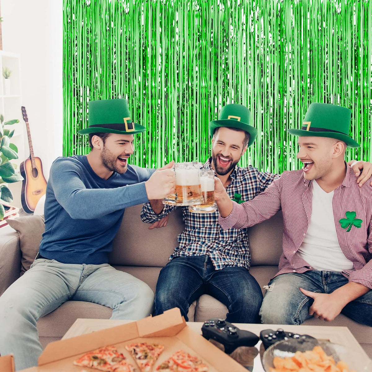 CHRORINE 2pcs 3ft x 8.3ft Green Tinsel Foil Fringe Curtains Streamers Backdrop for Green Birthday