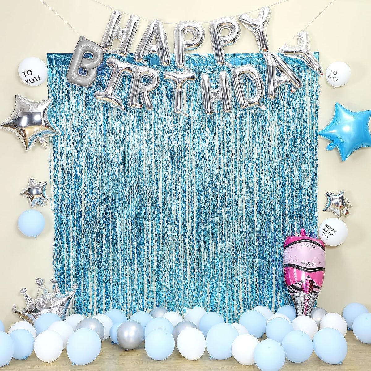 3 Pack Blue Wavy Tinsel Foil Fringe Curtain - 6.6 ft x 3.3 ft Foil Backdrop Photo Booth Props for
