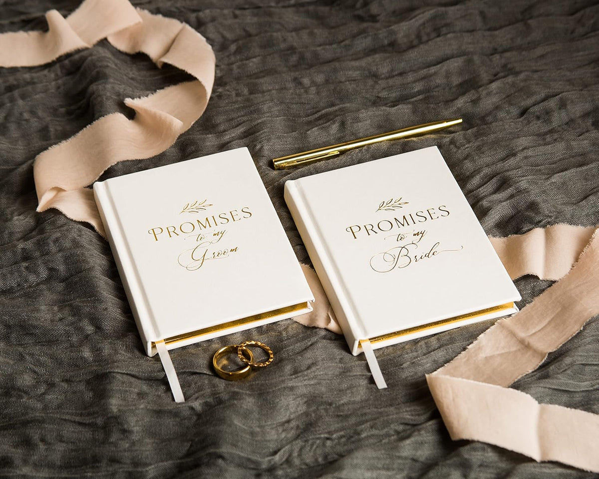 MUUJEE Promises To My Groom and Promises to My Bride Wedding Vow Books (Set of 2) - White Gold Foil