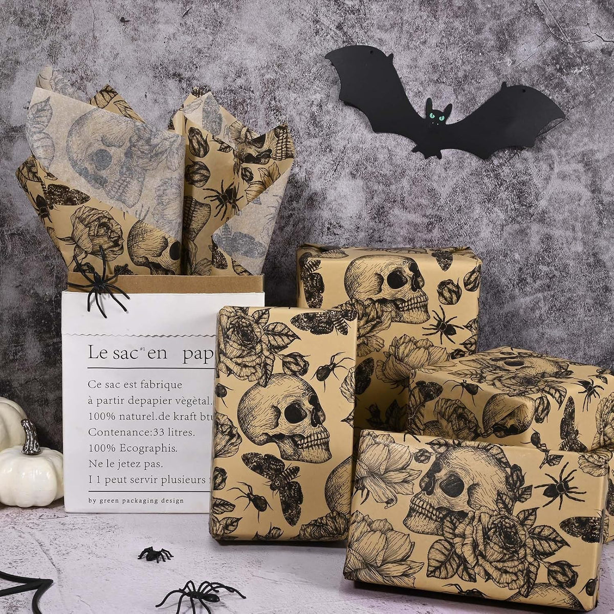 100 Sheets 20 * 14 Inches Vintage Halloween Tissue Paper Kraft Gothic Floral Skull Moth Spider
