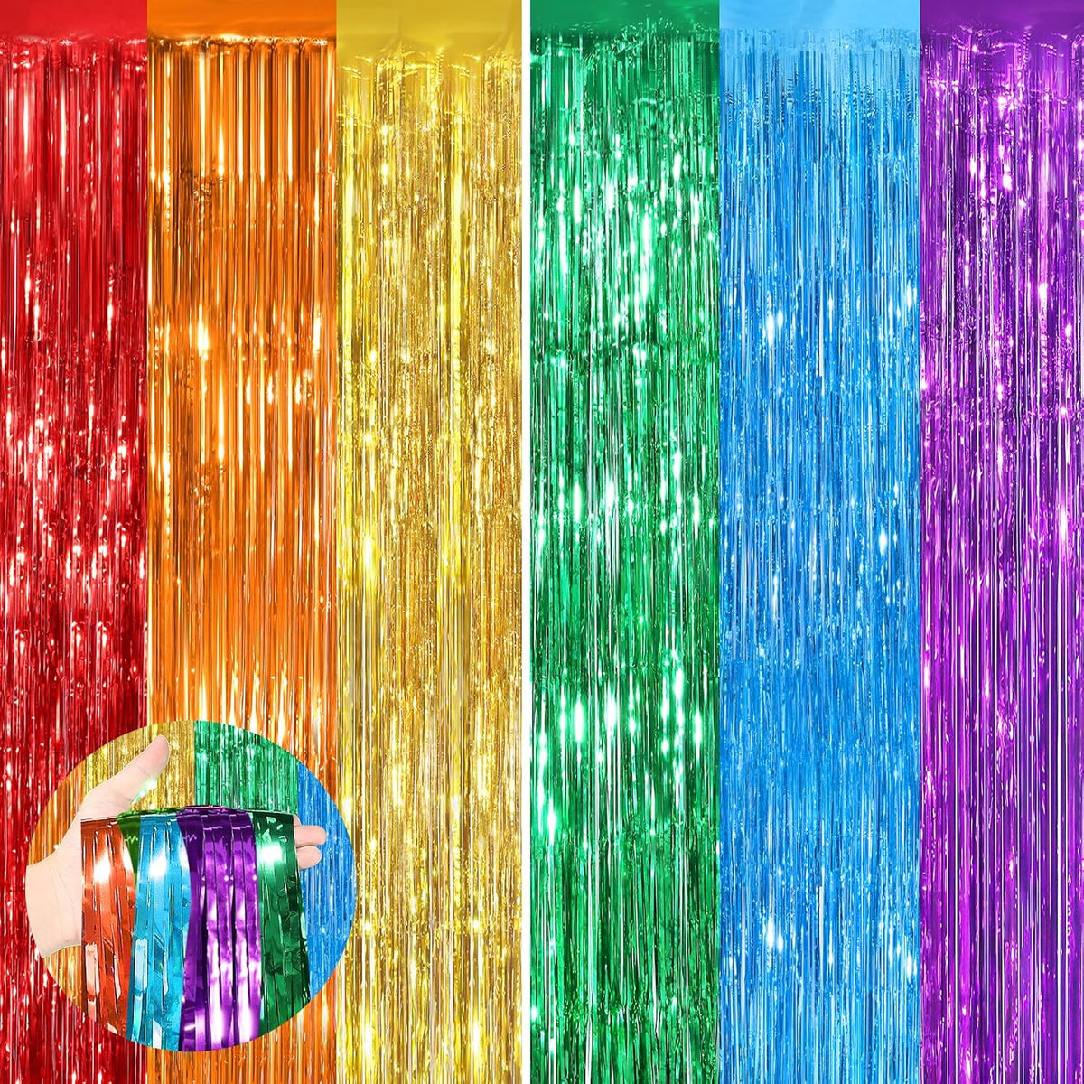 Rainbow Fringe Curtain Party Streamers 2Pack 3.3 x 8.3 Ft Foil Fringe Backdrop Curtains for
