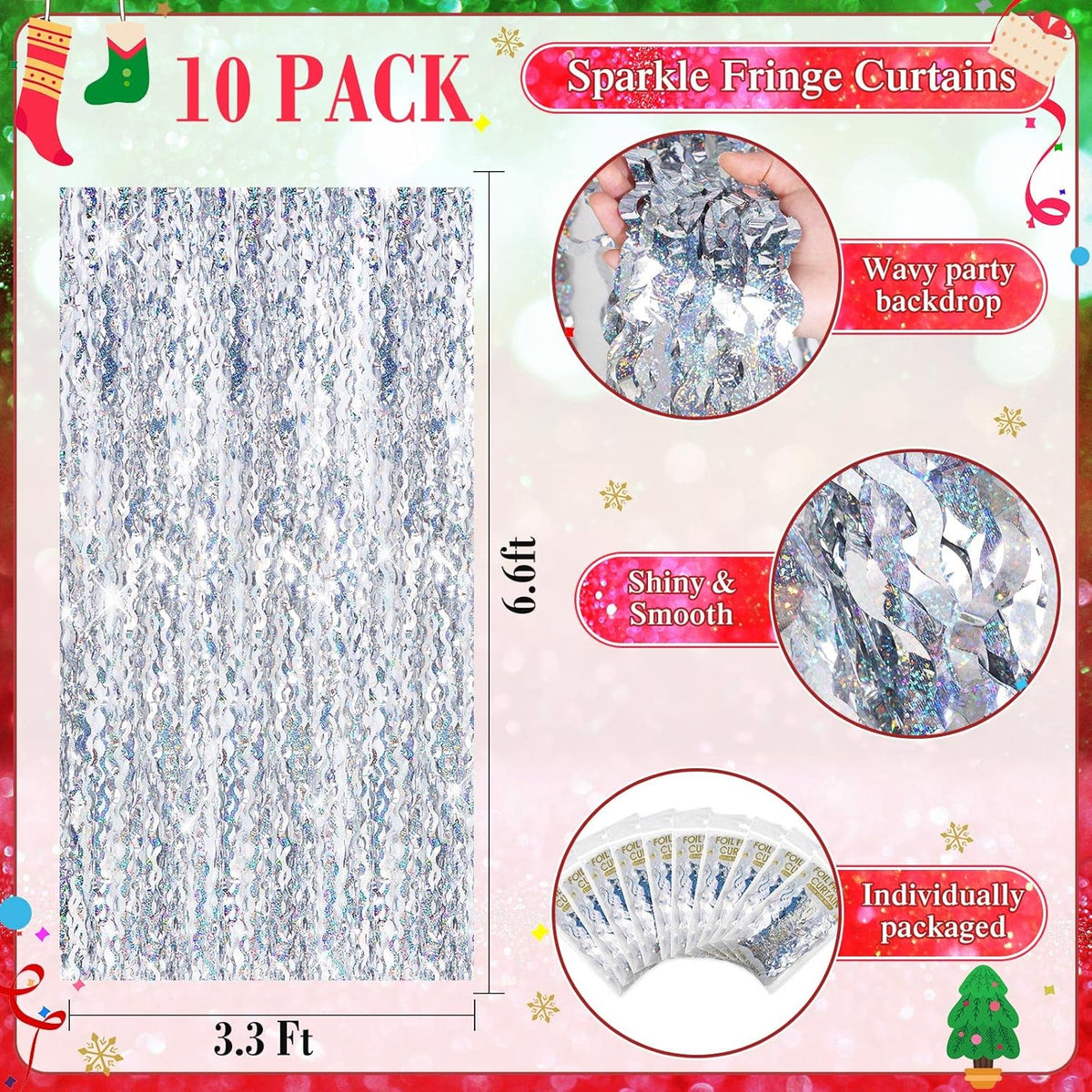 10 Pieces 3.3 x 6.6 Ft Foil Fringe Backdrop Party Wavy Tinsel Fringe Curtain Streamer for Happy New