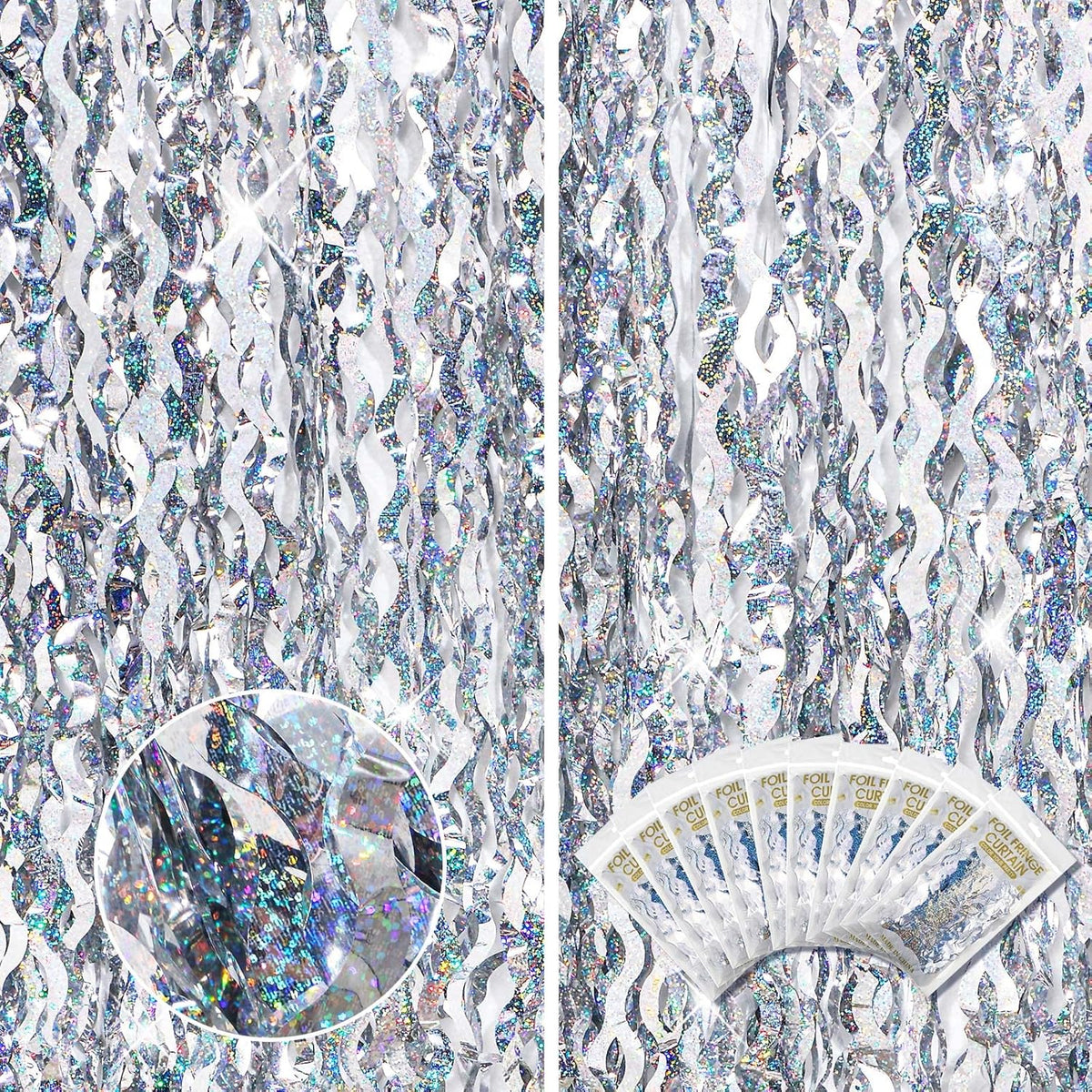 10 Pieces 3.3 x 6.6 Ft Foil Fringe Backdrop Party Wavy Tinsel Fringe Curtain Streamer for Happy New