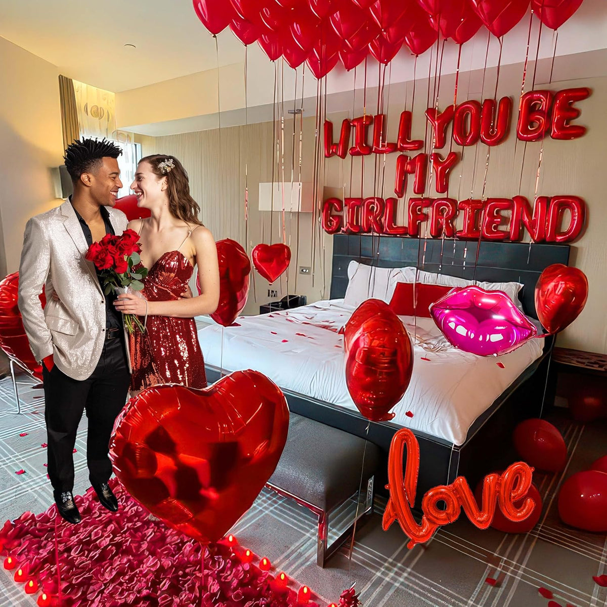 16 Inches Red 'WILL YOU BE MY GIRLFRIEND' Confession Letter Balloons with Heart-Shape, lips, love
