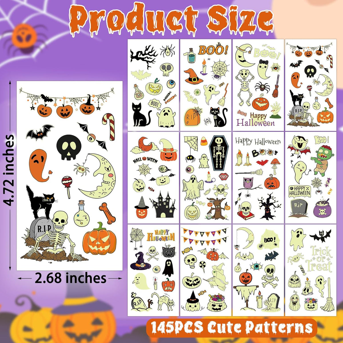 145 Styles Halloween Tattoos for Kids, 12PCS Halloween Luminous Tattoos, Glow in Dark Ghosts