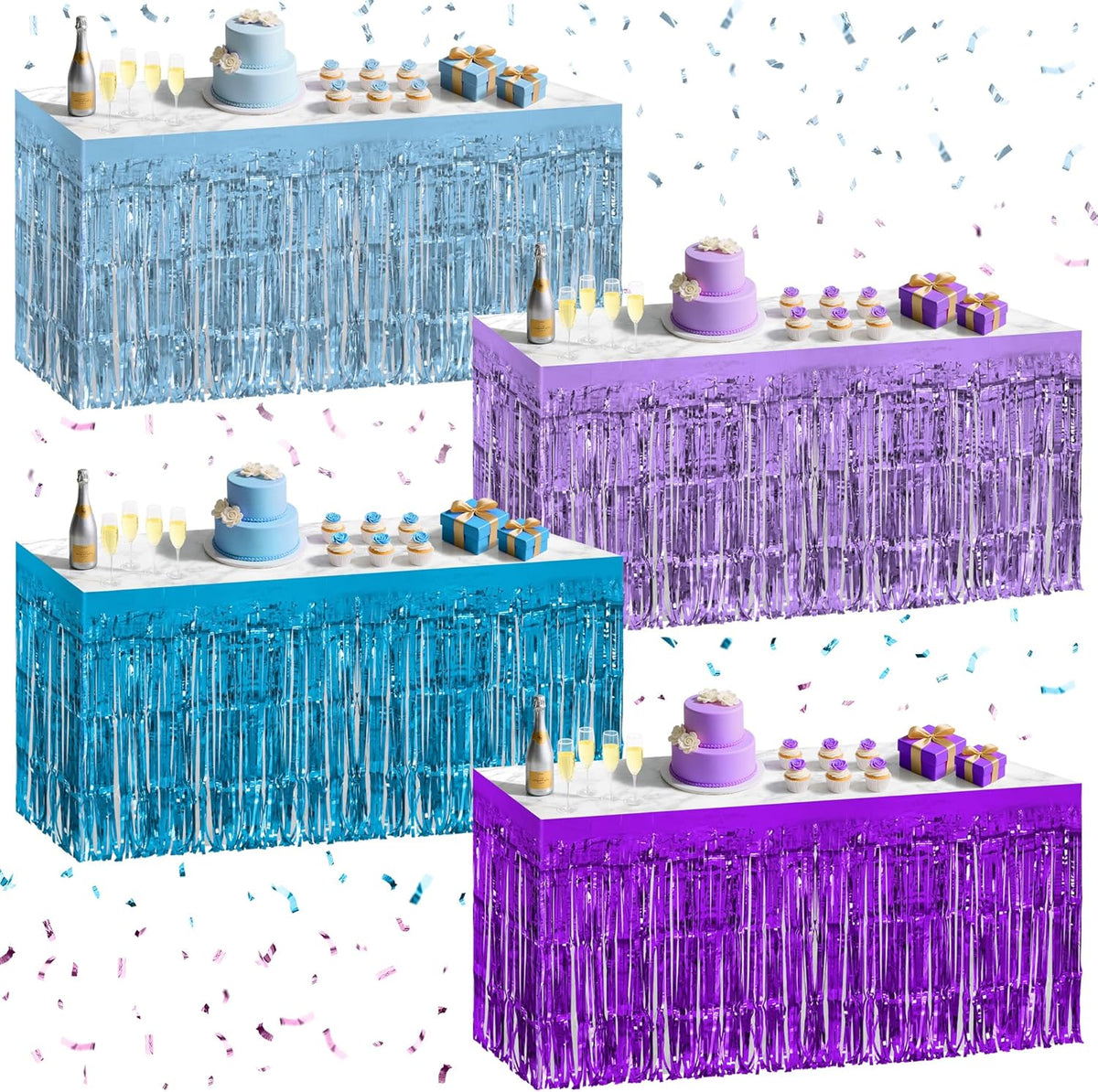 4 Pack Blue Purple Series Table Skirts, 29x108" Metallic Foil Tinsel Fringe Table Skirt for