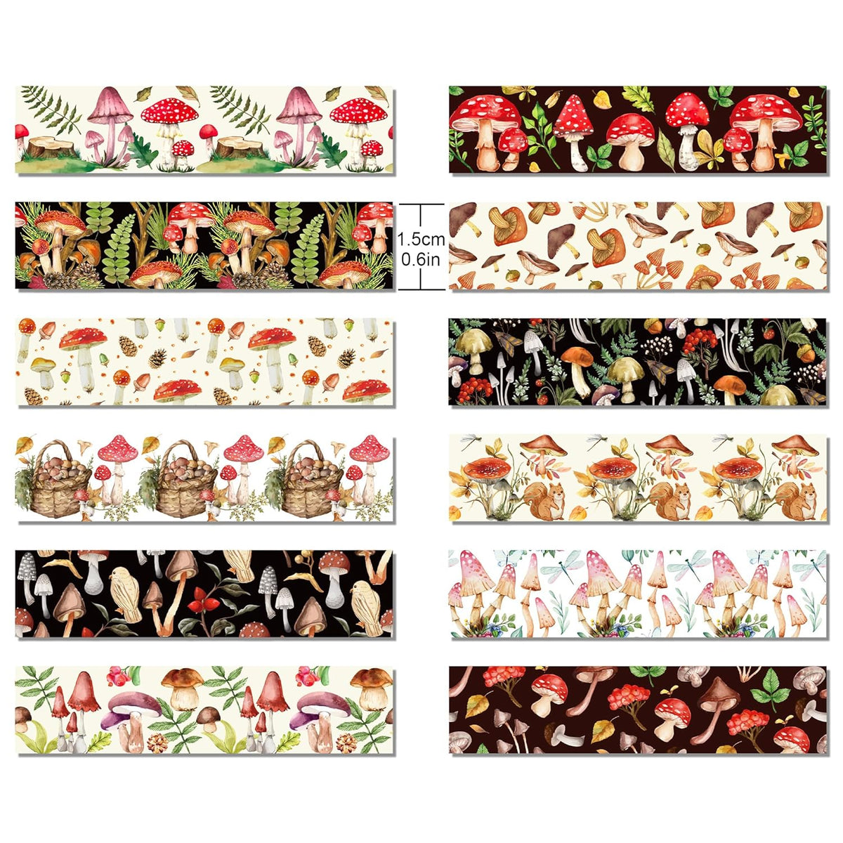 Adirasenotek 12 Rolls Mushroom Washi Tape Set,Vintage Washi Tape Decorative Paper Stickers