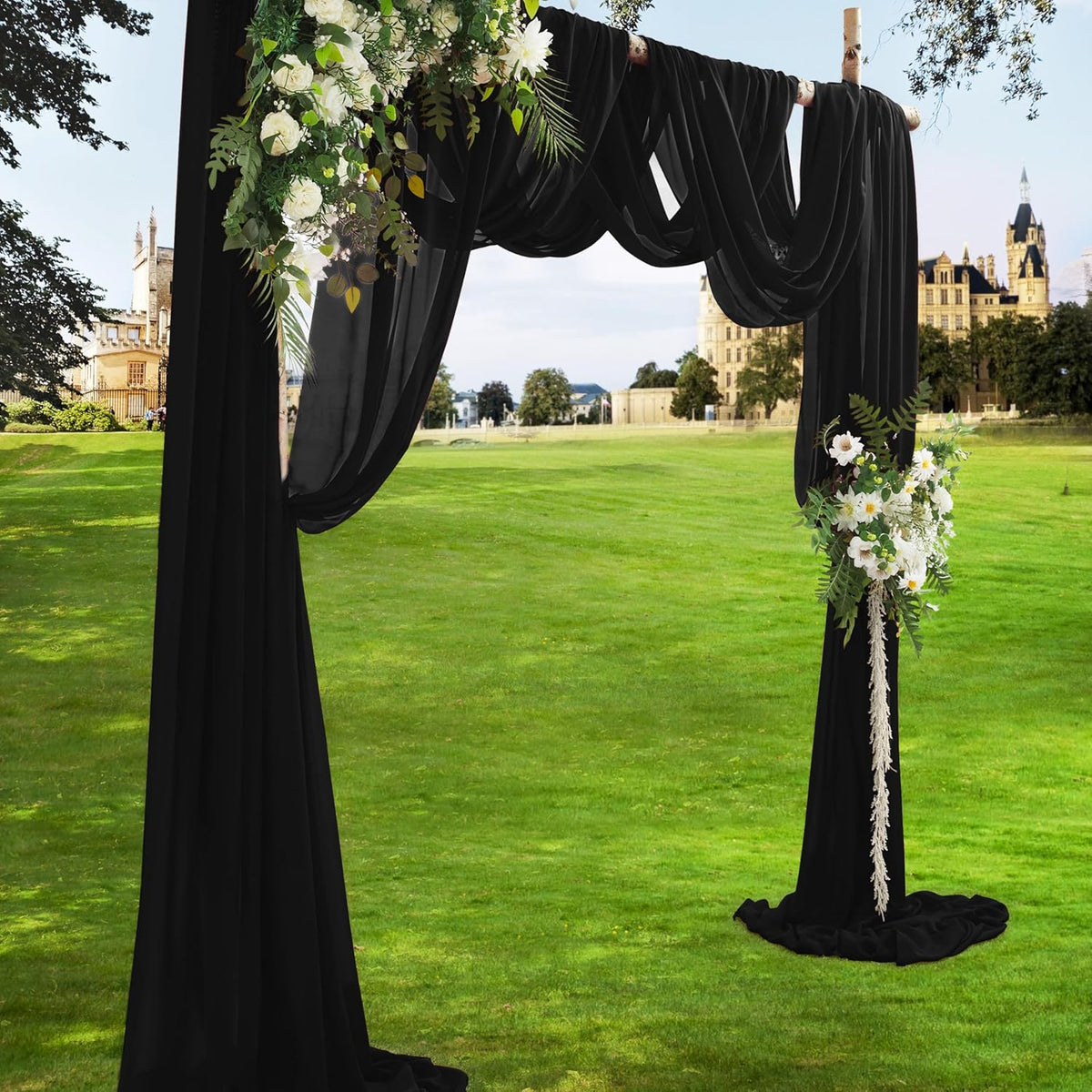 VACVELT Wedding Arch Draping Fabric - Black Chiffon, 1 Panel Sheer Drapes, 30 Inch x 20ft Chiffon